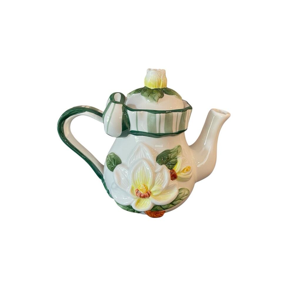 Youngs' Magnolia Teapot Green and Yellow with Bow Teapot Vintage 90s Cottage